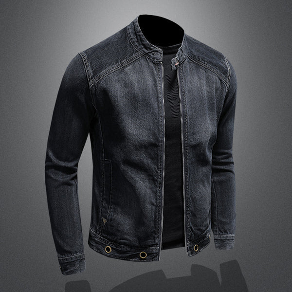 Chaqueta de Mezclilla Azul Oscuro con Cuello Alto y Cierre - Estilo Retro para Hombre