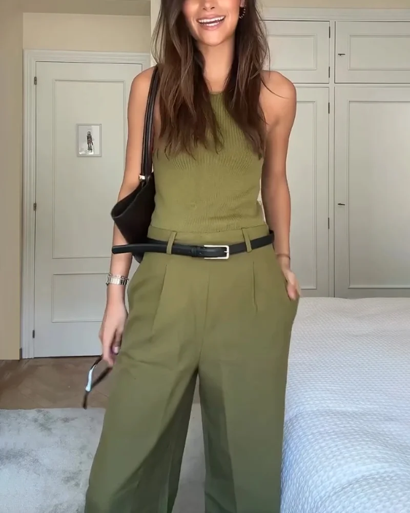 Conjunto de dos piezas para mujer con top sin mangas y pantalón clásico de pierna ancha