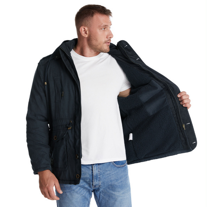 Chaqueta cálida y elegante para hombre con capucha profunda