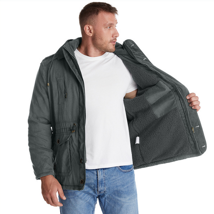 Chaqueta cálida y elegante para hombre con capucha profunda