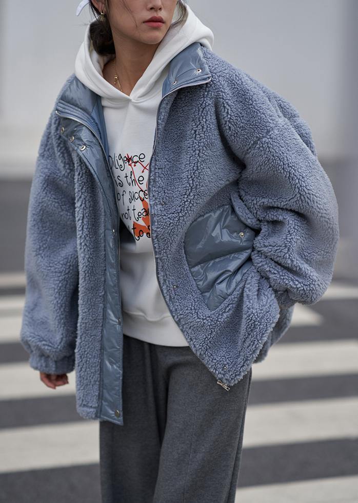 Chaqueta Azul Suelta para Mujer - Cuello Alto y Diseño de Parches