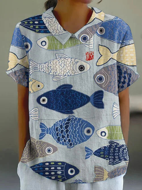 Diana - Camiseta de manga corta con motivos de peces japoneses