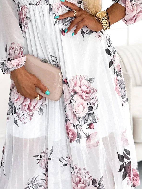 Vestido elegante con estampado floral y escote pronunciado para un mira sofisticado
