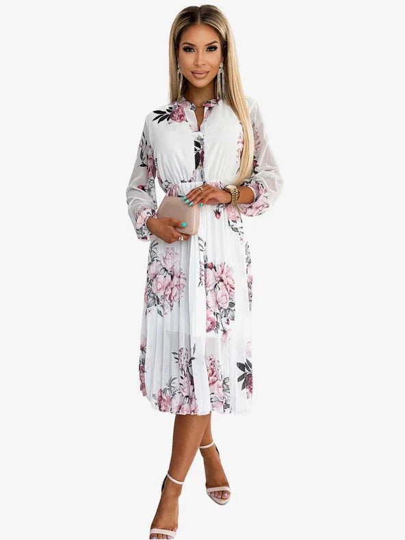 Vestido elegante con estampado floral y escote pronunciado para un mira sofisticado