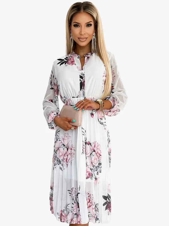 Vestido elegante con estampado floral y escote pronunciado para un mira sofisticado