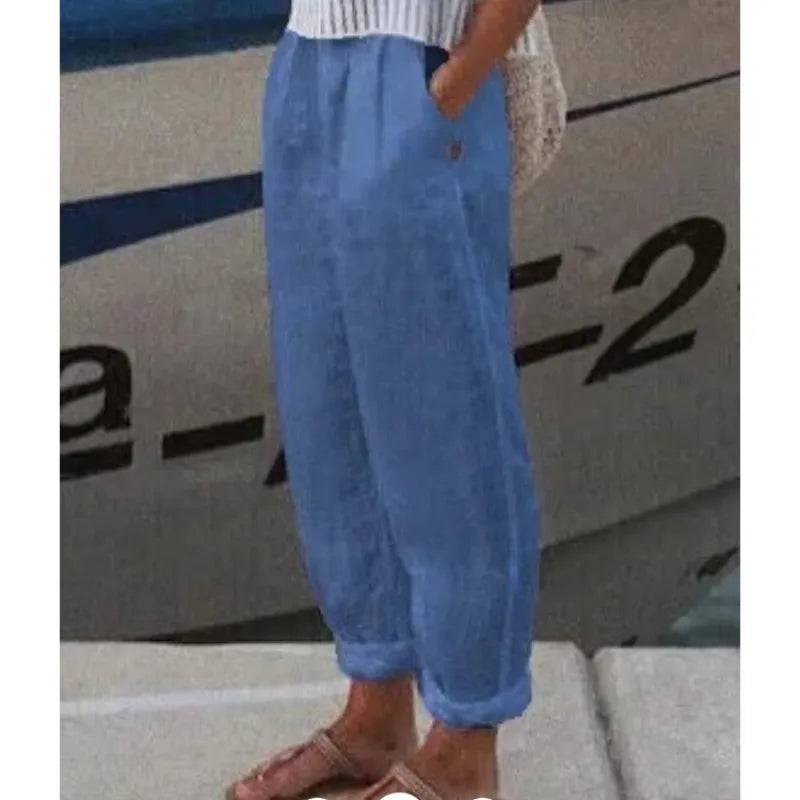 Gemma - pantalón casual de algodón y lino estampado para mujer