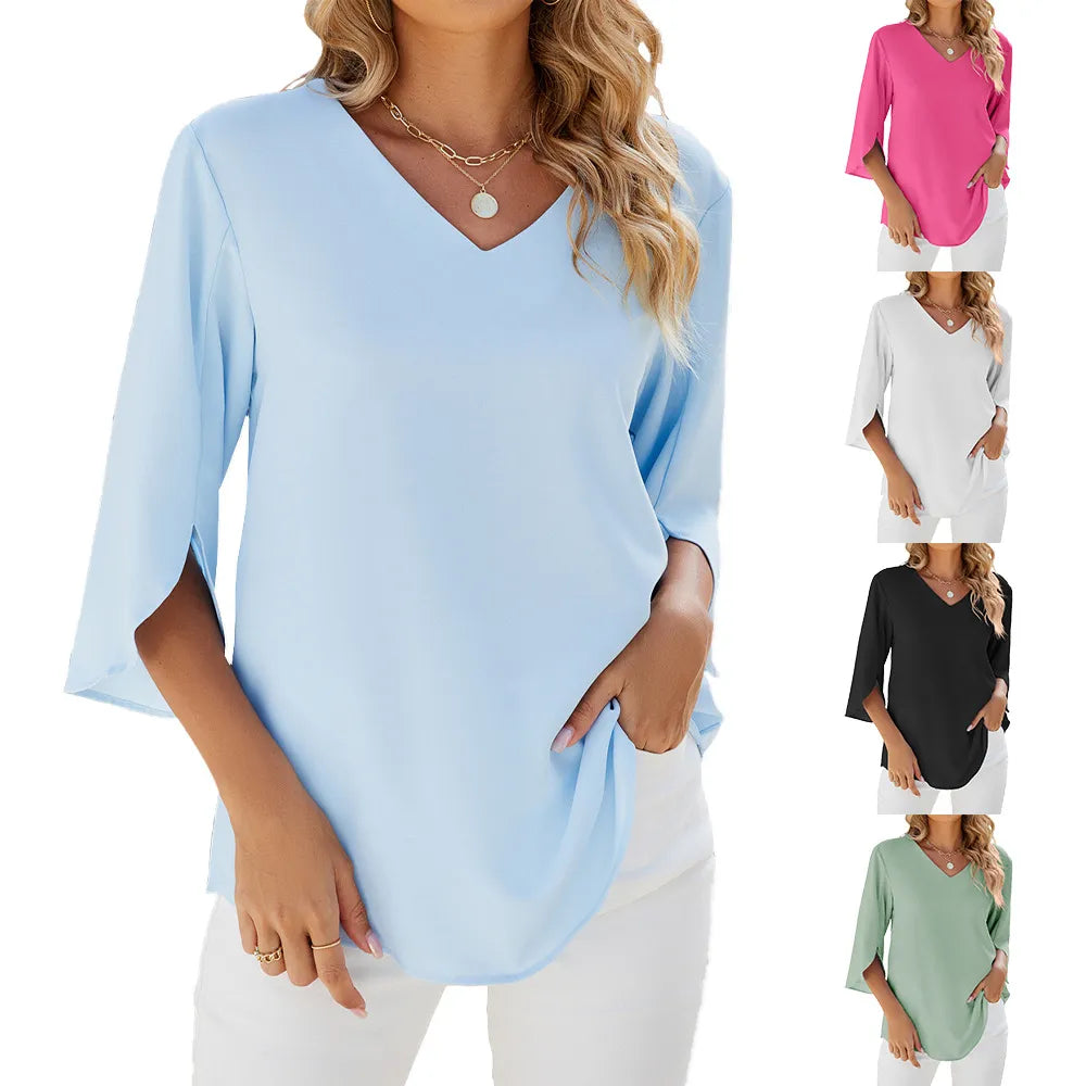 Teresa - Señoras Camisas de manga corta Tops Cuello solapa Blusa Túnica Elegante Camisa