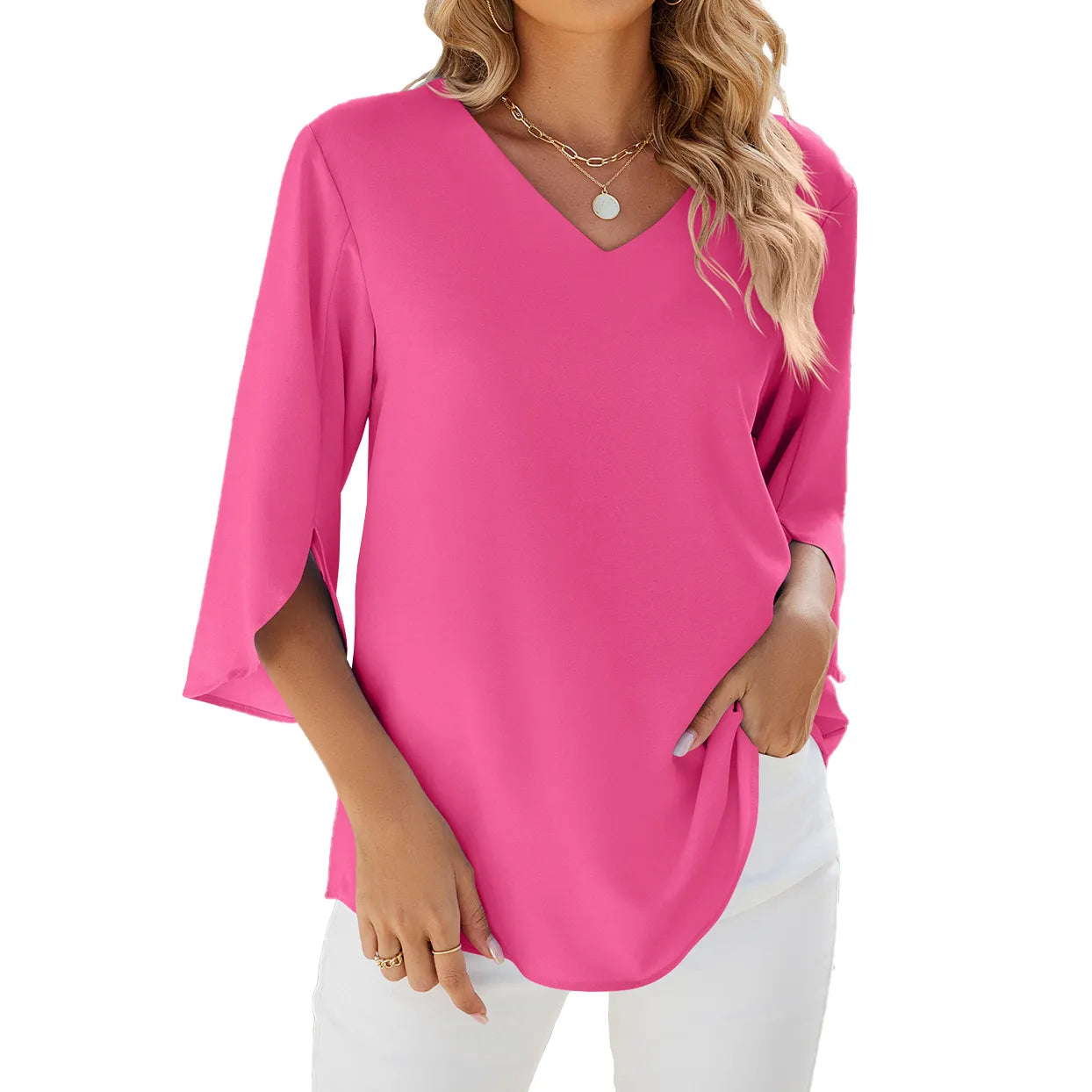 Teresa - Señoras Camisas de manga corta Tops Cuello solapa Blusa Túnica Elegante Camisa