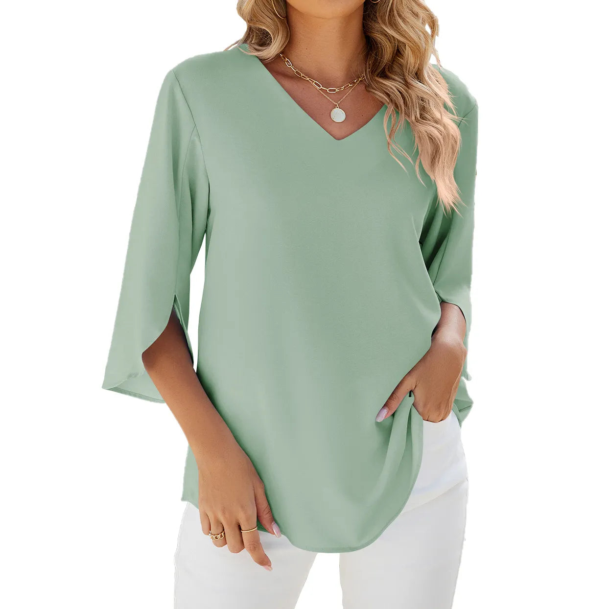 Teresa - Señoras Camisas de manga corta Tops Cuello solapa Blusa Túnica Elegante Camisa