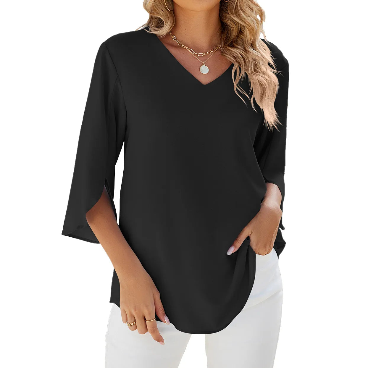 Teresa - Señoras Camisas de manga corta Tops Cuello solapa Blusa Túnica Elegante Camisa