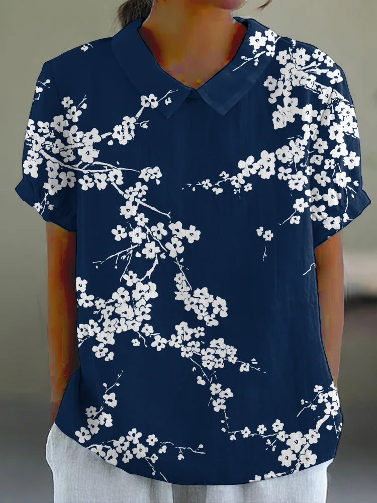 Liva - Camisa informal con estampado japonés de cerezos en flor