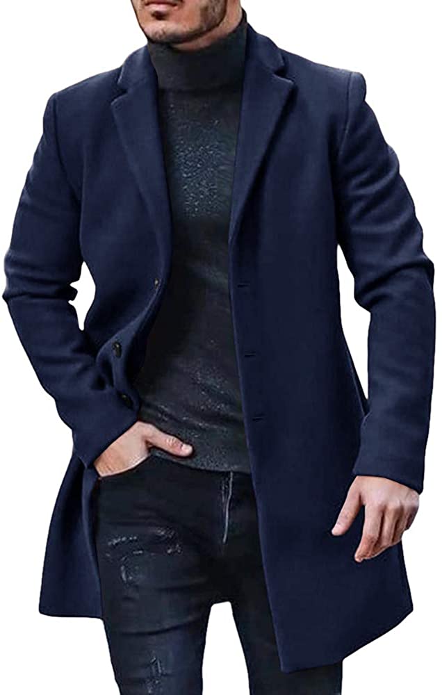 Elegante abrigo largo de invierno para hombre en color azul oscuro con botones