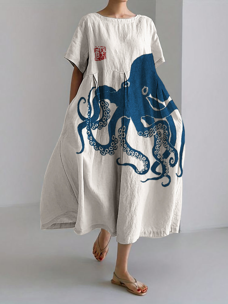 Gabriella - Vestido largo en mezcla de lino con motivo de lino japonés Octopus