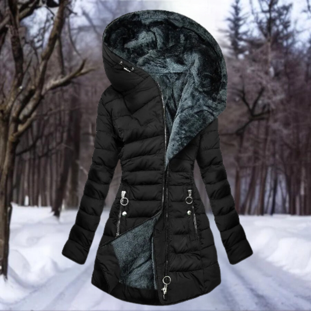 Elegante y cálida parka femenina con capucha profunda