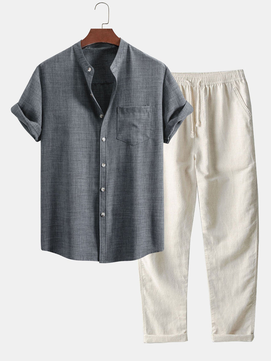 Conjunto para hombre con camisa de cuello mao de manga corta y pantalón recto casual