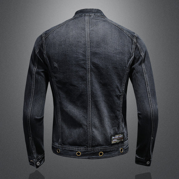 Chaqueta de Mezclilla Azul Oscuro con Cuello Alto y Cierre - Estilo Retro para Hombre