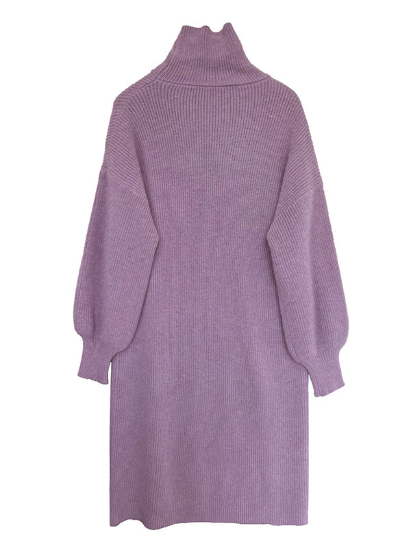 Vestido de Suéter Morado de Cuello Alto y Mangas Abullonadas Largas - Estilo Casual y Elegante