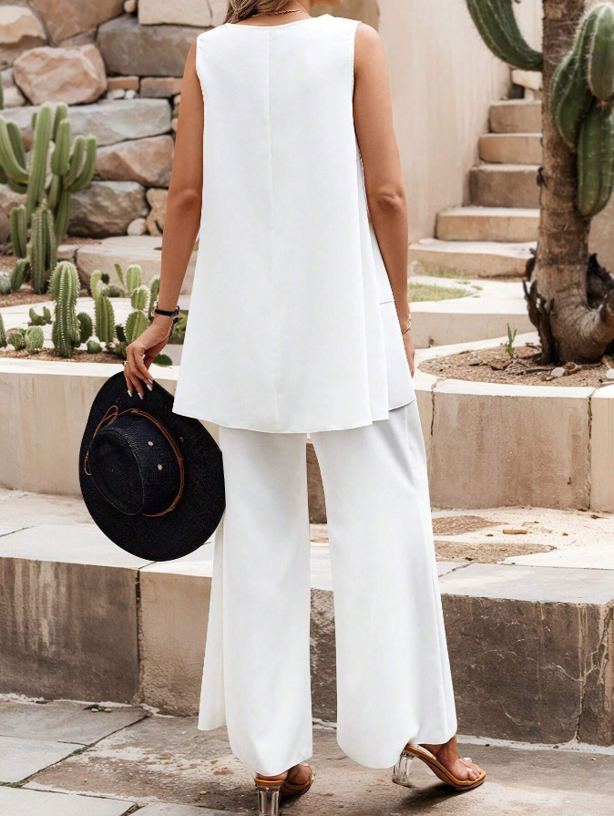 Conjunto elegante de verano para mujer con blusa de manga corta amplia y pantalón de pierna ancha
