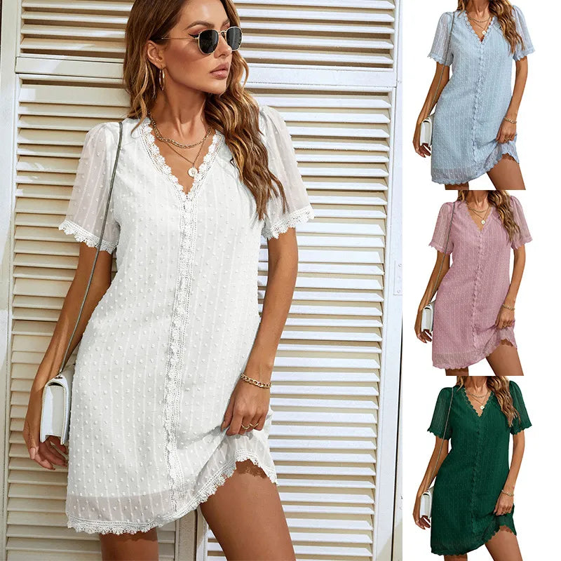 Camila - Vestido de media manga con cuello en V y parches de encaje para mujer – Estilo casual