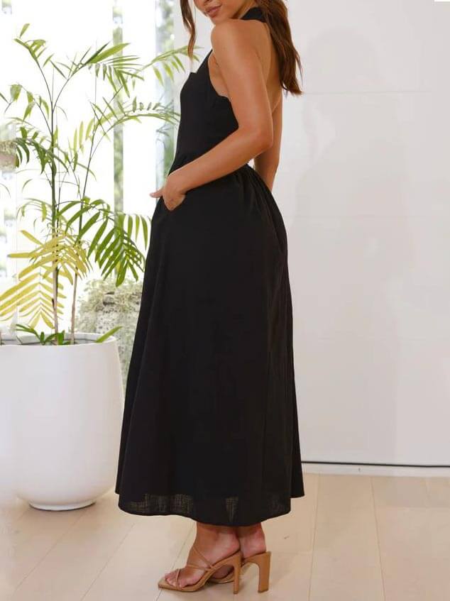 Taylor - Vestido negro de longitud media con cuello halter y cintura ajustada