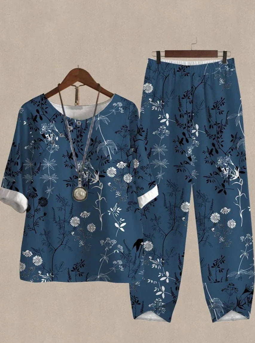 Conjunto de dos piezas con top y pantalón de flores botánicas