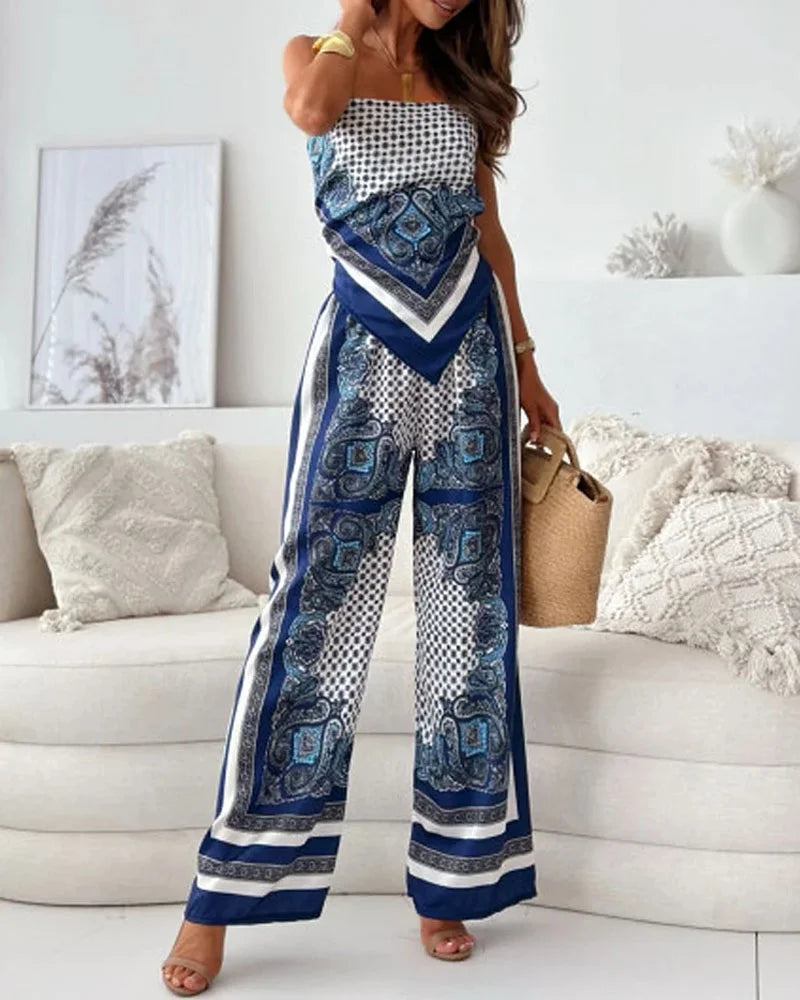 Conjunto Moderno de Dos Piezas con Top Estampado y Pantalones Ajustables para Mujeres Elegantes