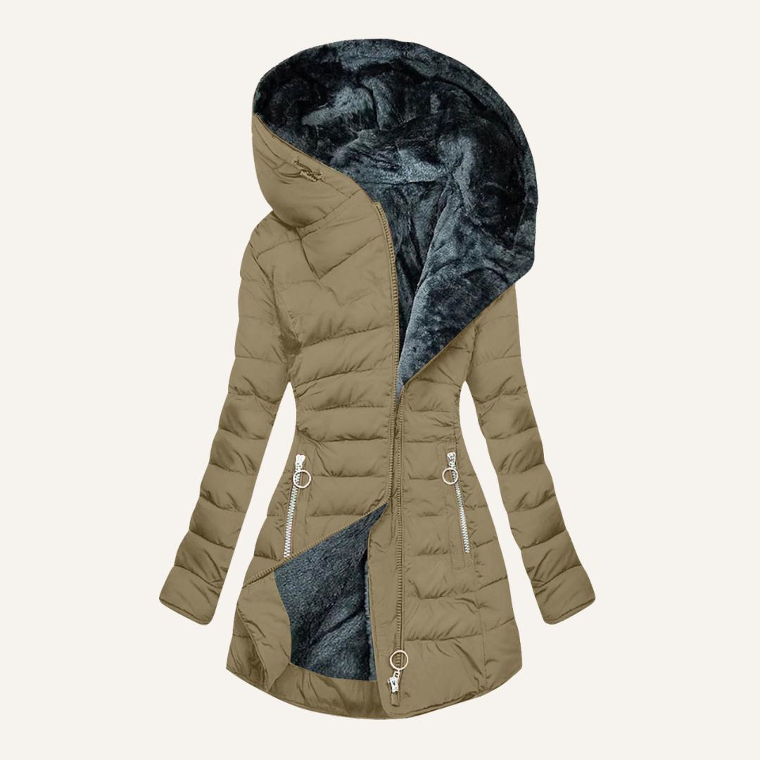 Elegante y cálida parka femenina con capucha profunda