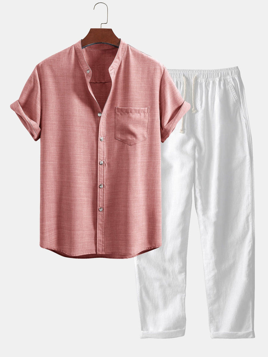 Conjunto para hombre con camisa de cuello mao de manga corta y pantalón recto casual