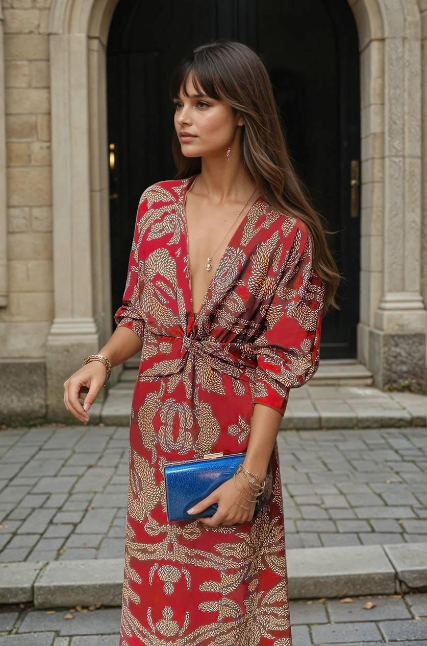 Vestido Midi Marta - Vestido con escote en V de manga larga para eventos y celebraciones