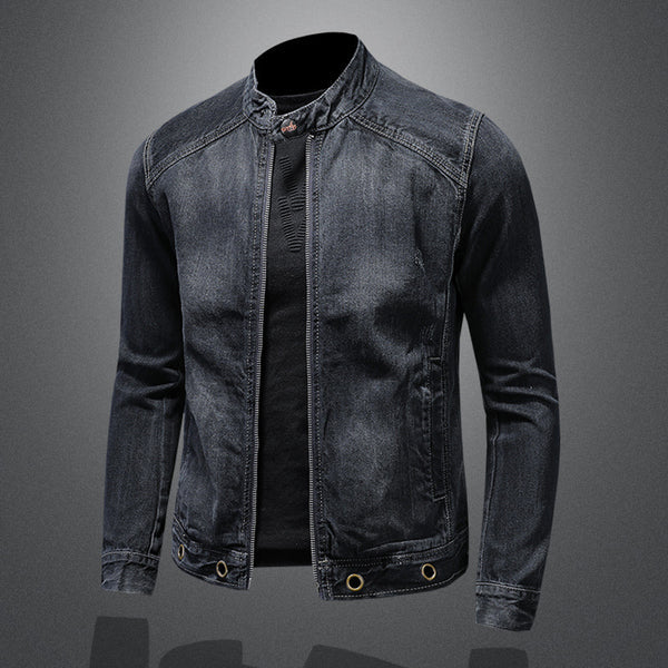 Chaqueta de Mezclilla Azul Oscuro con Cuello Alto y Cierre - Estilo Retro para Hombre