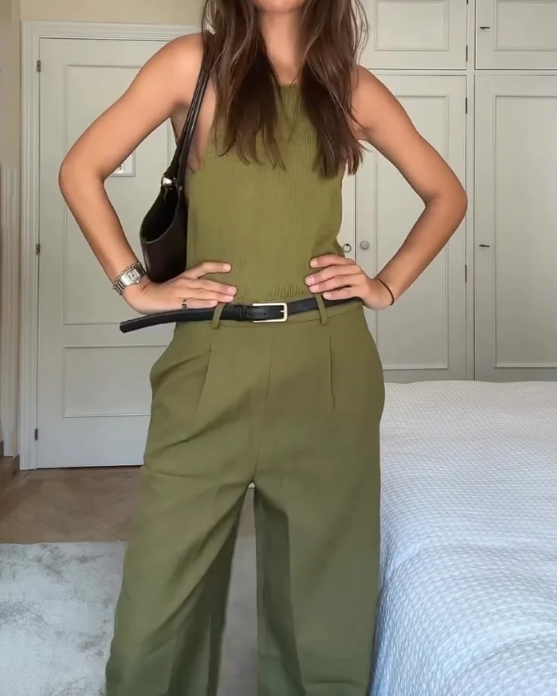 Conjunto de dos piezas para mujer con top sin mangas y pantalón clásico de pierna ancha