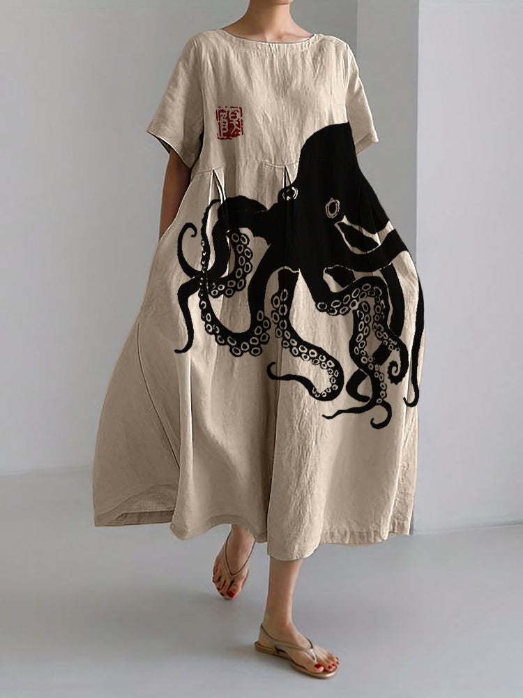 Gabriella - Vestido largo en mezcla de lino con motivo de lino japonés Octopus