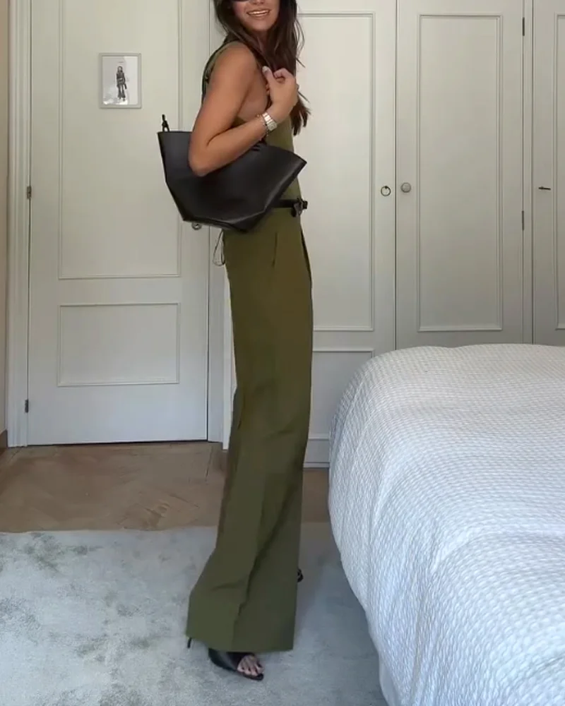 Conjunto de dos piezas para mujer con top sin mangas y pantalón clásico de pierna ancha