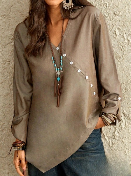 Blusa de Botones con Escote en V y Manga Larga Esther