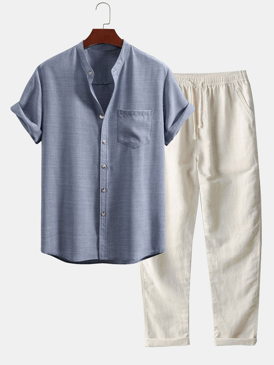 Conjunto para hombre con camisa de cuello mao de manga corta y pantalón recto casual