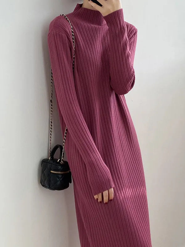 Vestido Suéter Midi de Corte Suelto con Flecos y Cuello Alto - Manga Larga