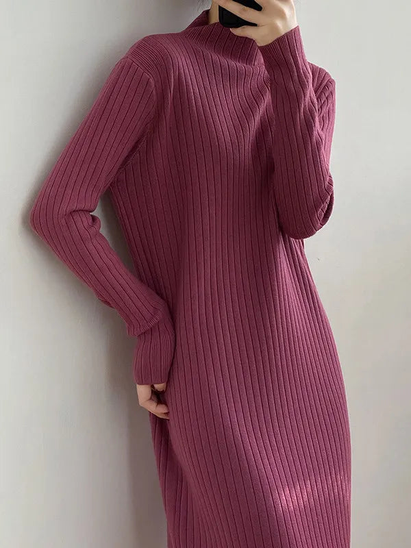 Vestido Suéter Midi de Corte Suelto con Flecos y Cuello Alto - Manga Larga