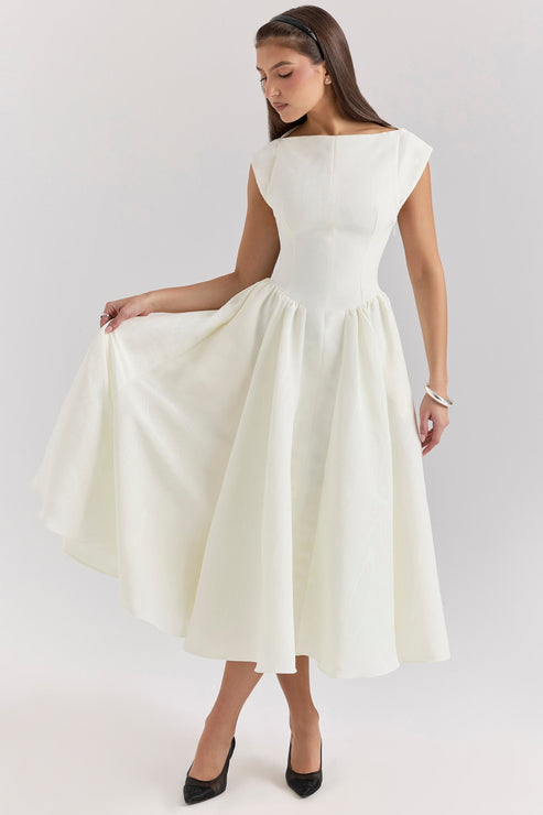 Vestido midi elegante con mangas cortas espalda abierta y falda amplia