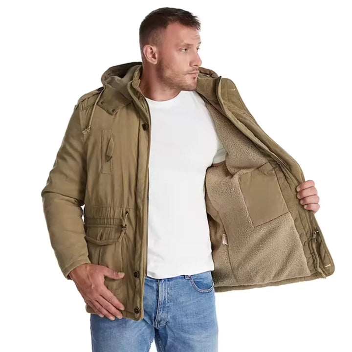 Chaqueta cálida y elegante para hombre con capucha profunda