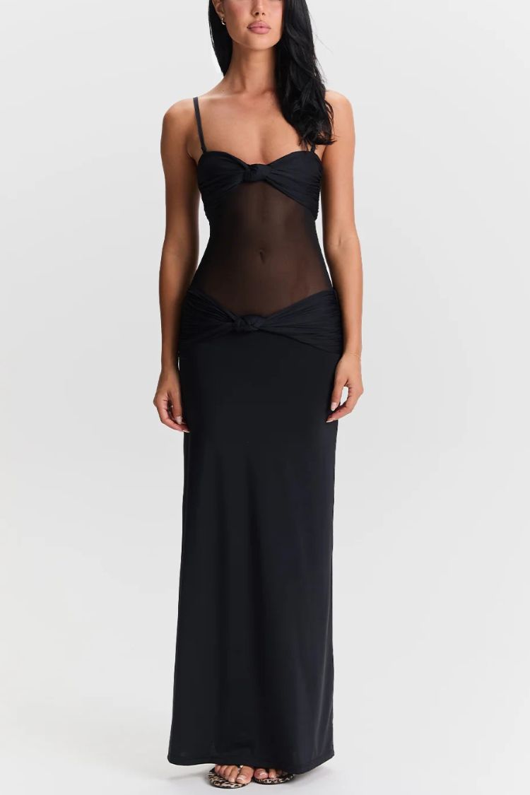 Vestido largo ajustado con tirantes desmontables y detalle drapeado