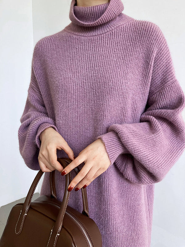 Vestido de Suéter Morado de Cuello Alto y Mangas Abullonadas Largas - Estilo Casual y Elegante