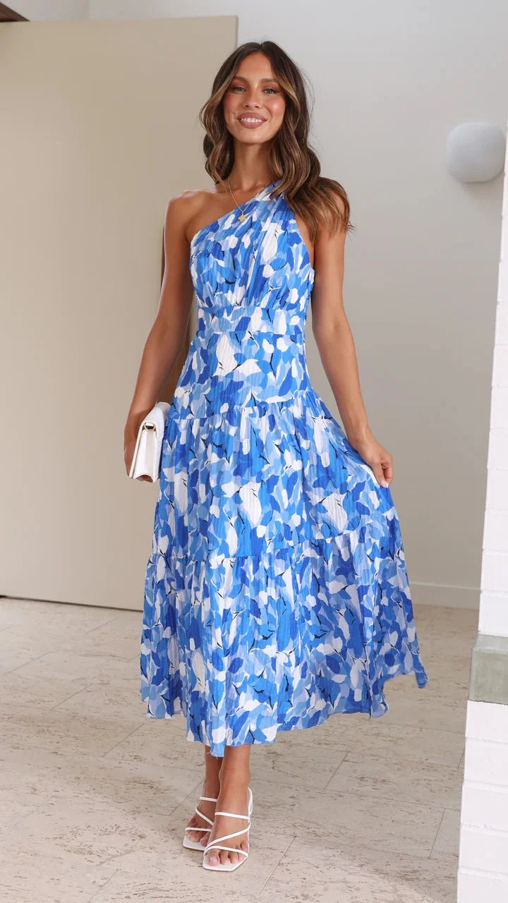 Vanessa - Vestido Midi Floral De Un Hombro Azul