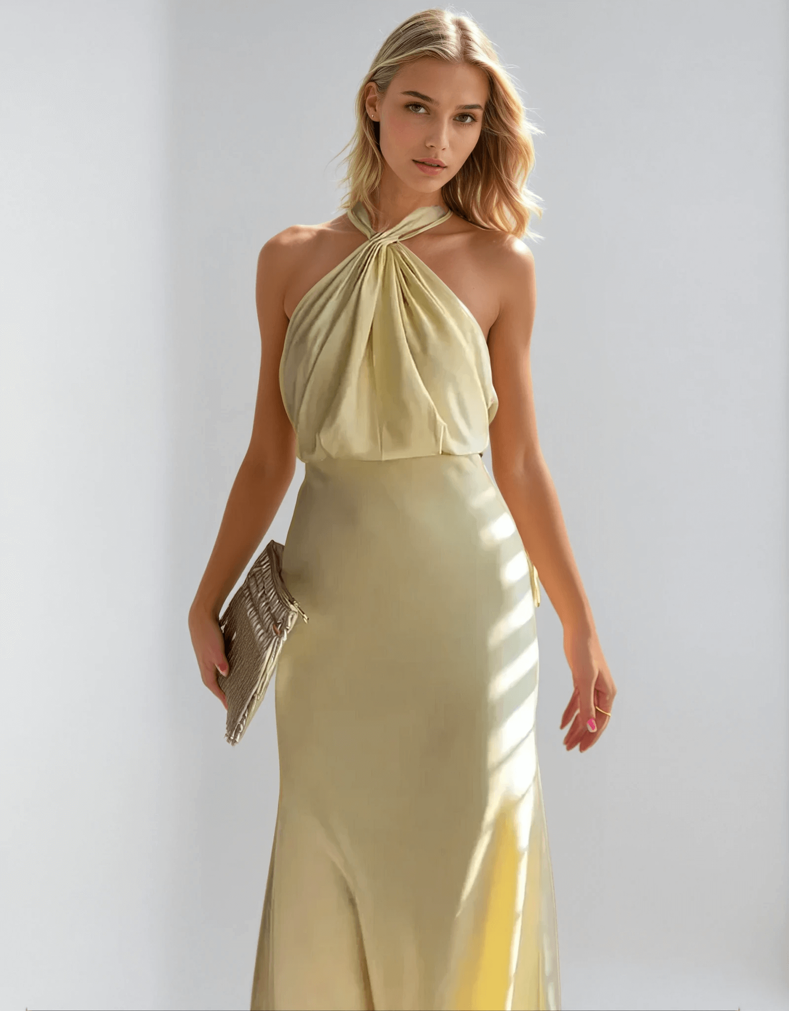 Vestido largo con cuello halter y estilo veraniego elegante