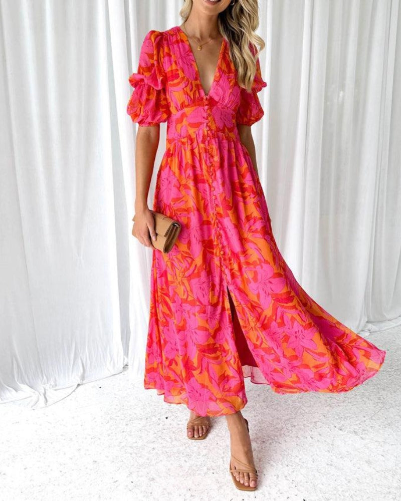 Vestido largo estilo vintage con botones y mangas cortas abullonadas