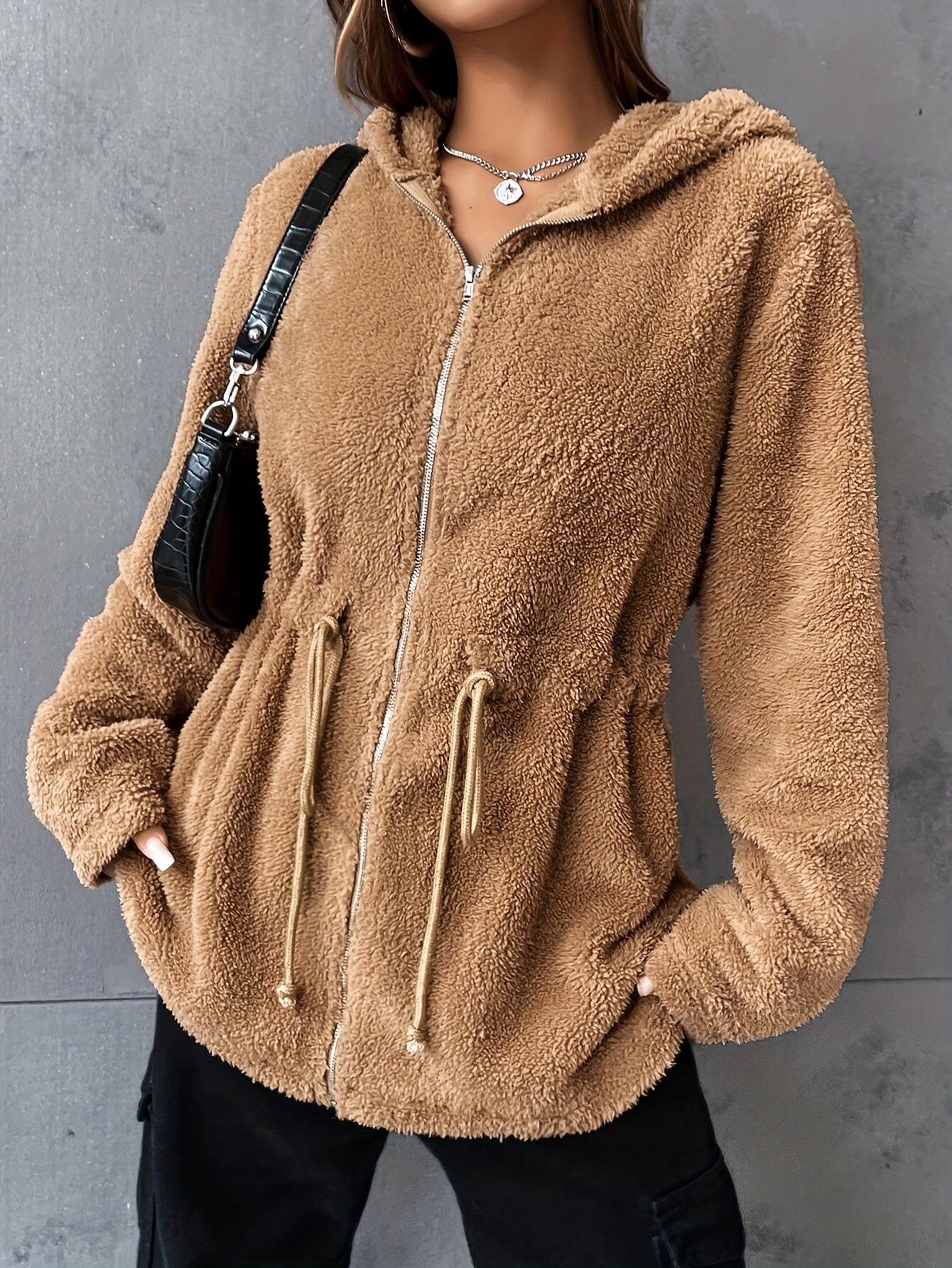 Chaqueta de Teddy con Capucha y Cordón para Mujeres - Ropa de Abrigo Casual con Cremallera