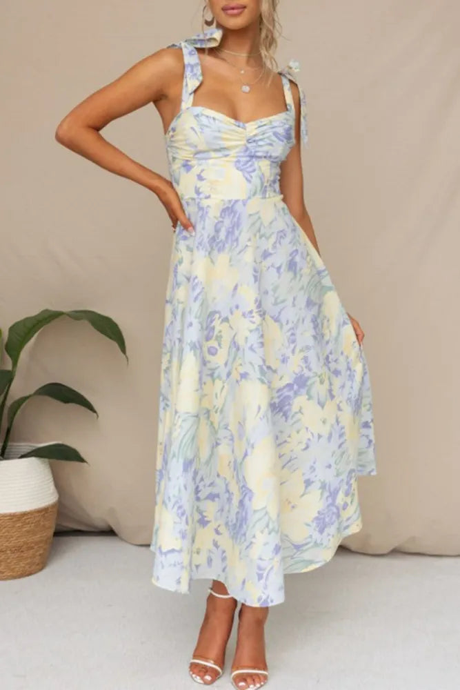 Amalie - Dulce y Elegante Vestido Floral Plisado con Cuello en V y Falda a la Cintura