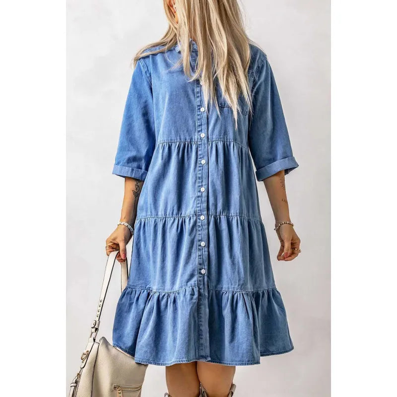 Paula - Minivestido de chambray con volantes y tapeta de botones en denim