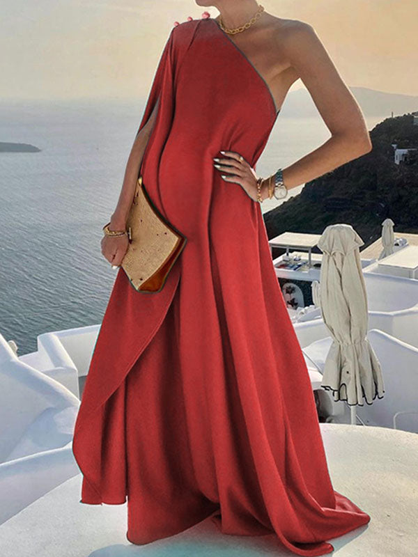 Vestido premamá largo asimétrico con espalda descubierta y un solo hombro