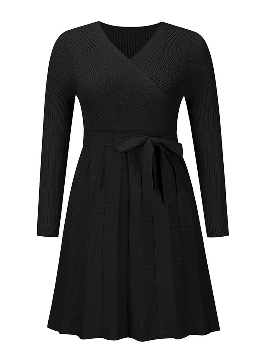 Vestido corto con escote en V, mangas largas y cinturón para un mira elegante y versátil