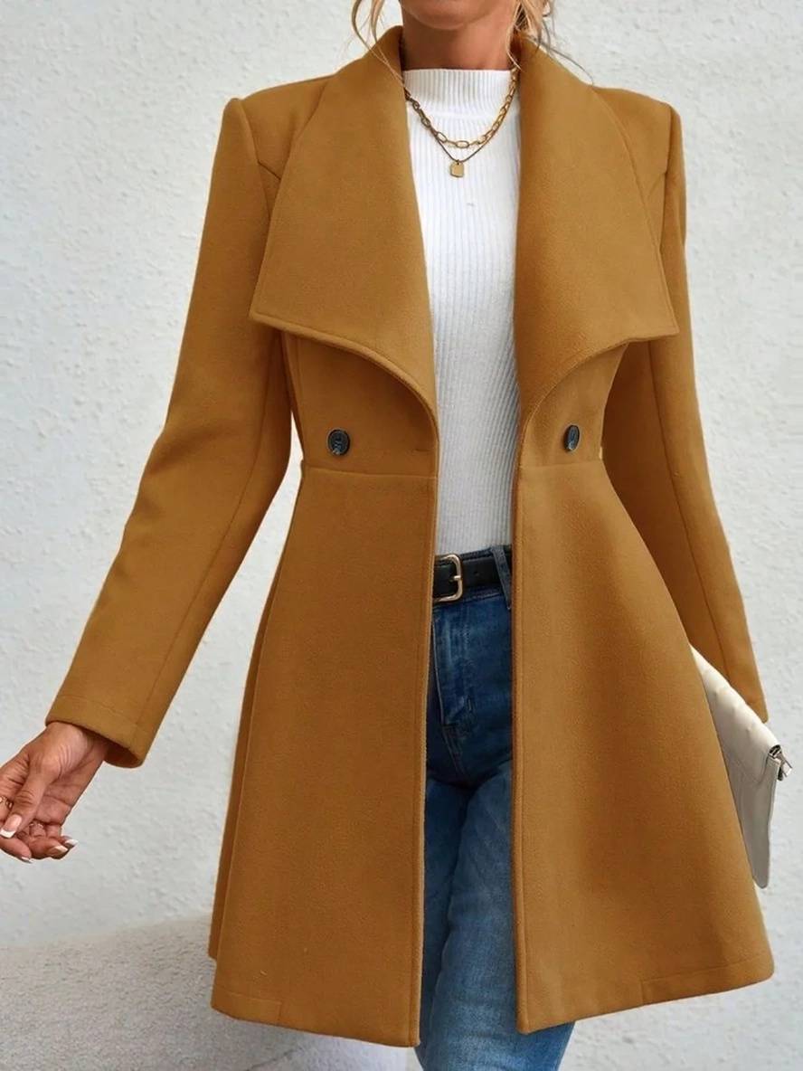 Abrigo largo de mujer con botones, cuello solapa y mangas largas, diseño elegante y casual